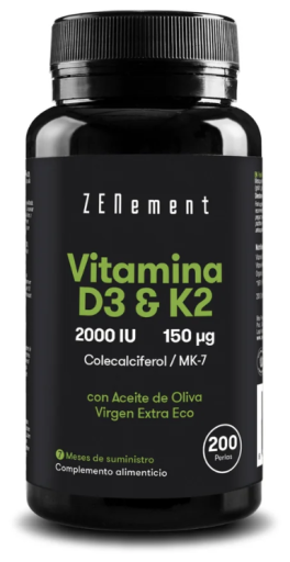 Vitamina D3 + K2 Colecalciferol (2000 UI) & MK-7 (150 μg) 200 Perlas